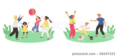 White Dad and Indian Mom with their kids play ball on the green lawn of park. 88845583