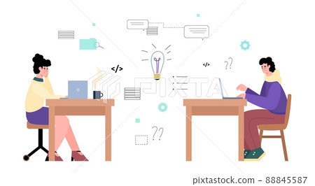 People participate in hackathon, brainstorming, workshop, vector flat illustration on white background. 88845587