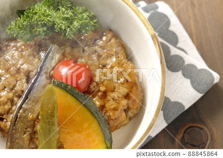 Coarse hot hamburger steak with stewed vegetables and parsley (overhead view) Coarse hot hamburger steak with stewed vegetables and parsley (overhead view) 88845864