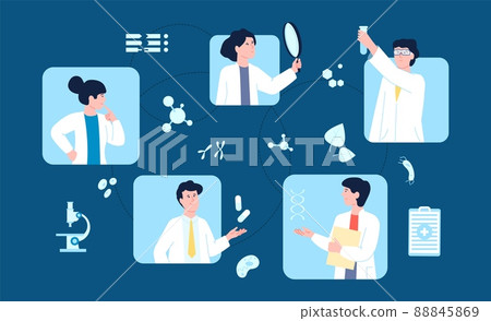 Scientist work together. Laboratory information exchange, medical international research. Creative scientists in biological, engineering or medicine, recent vector scene Scientist work together. Laboratory information exchange, medical international research. Creative scientists in biological, engineering or medicine, recent vector scene 88845869