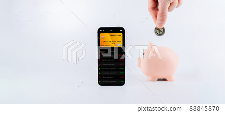 Online payment. Smartphone with internet online bank application. Pig bank with usd money cash on white background. Save currency money wallet. 88845870
