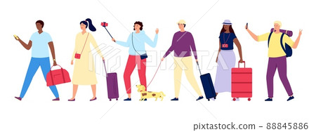 Tourists walking with luggage and backpacks. Travel people going vacations, characters with bags. Happy woman and man, people going utter vector set Tourists walking with luggage and backpacks. Travel people going vacations, characters with bags. Happy woman and man, people going utter vector set 88845886