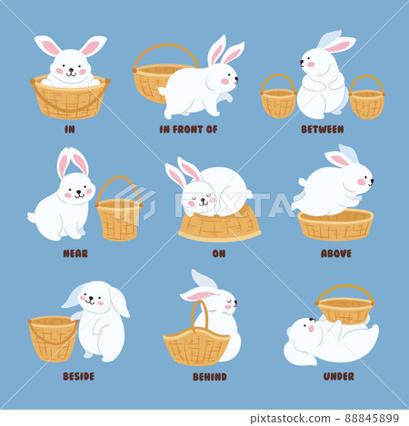 English prepositions. Teaching poster for children with playful cartoon bunny. Learn grammar with animal, vector neoteric rabbit with basket teach preposition English prepositions. Teaching poster for children with playful cartoon bunny. Learn grammar with animal, vector neoteric rabbit with basket teach preposition 88845899