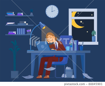 Man work at night. Tired businessman or freelance worker working with computer in dark room. Funny cartoon manager, exhausted decent vector male 88845901