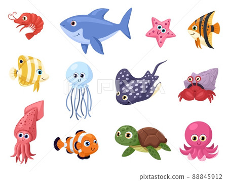 Sea life. Swimming ocean animal, stingray and shark. Cute cartoon octopus and turtle, funny aquarium fish. Marine garish vector characters set 88845912