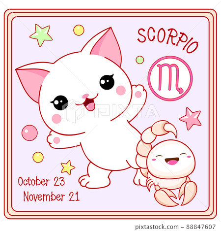 Zodiac Scorpio sign character in kawaii style. Square card with cute little white kitty and Zodiac symbol 88847607