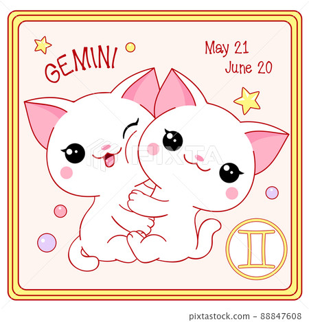 Zodiac Gemini sign character in kawaii style. Square card with cute little white kitty and Zodiac symbol Zodiac Gemini sign character in kawaii style. Square card with cute little white kitty and Zodiac symbol 88847608