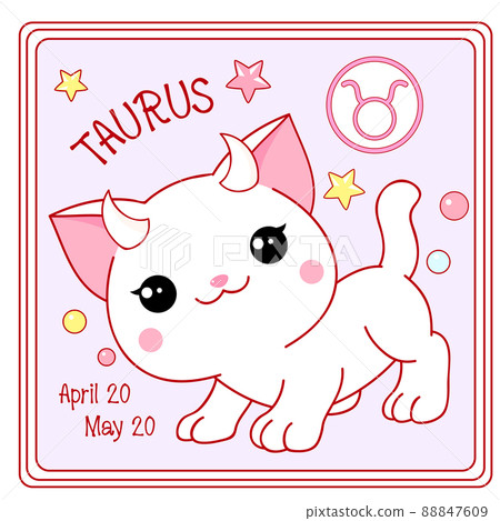 Zodiac Taurus sign character in kawaii style. Square card with cute little white kitty and Zodiac symbol 88847609