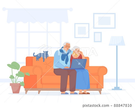 Pensioner on sofa with computer. Happy elderly couple and internet technology, old family sitting at home couch senior husband wife retirement lifestyle Pensioner on sofa with computer. Happy elderly couple and internet technology, old family sitting at home couch senior husband wife retirement lifestyle 88847810