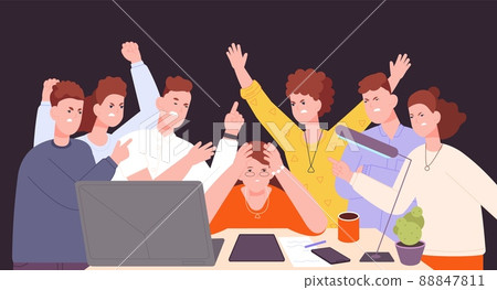 Colleague fail deadline. Frustrating office work at laptop, angry colleagues or company boss stress teamwork project depressed businesswoman headache 88847811