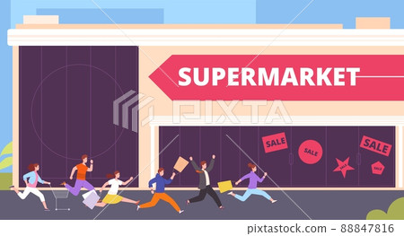 Shoppers run to supermarket. Crowd running rush shop or electric store, panic shopper push cart customer hurry buy good offer big sale happy shopping Shoppers run to supermarket. Crowd running rush shop or electric store, panic shopper push cart customer hurry buy good offer big sale happy shopping 88847816