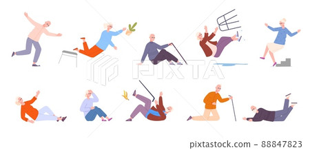 Falling elderly people. Dizzy senior fall down on floor, old person slip stumble flooring, injury accident elder man fracture risk falls grandmother 88847823