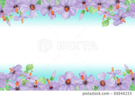Hand drawn illustration frame of blue hibiscus flowers, buds, leaves, branches 88848155