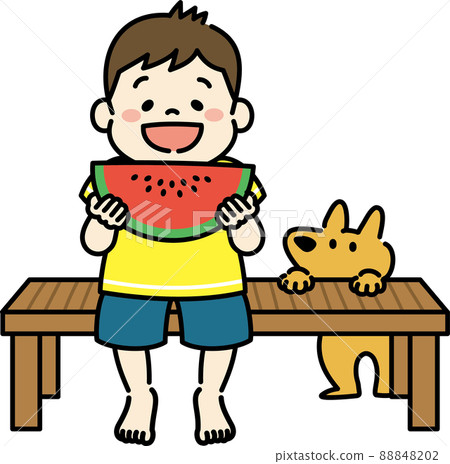 一個孩子吃西瓜男孩的插圖 88848202