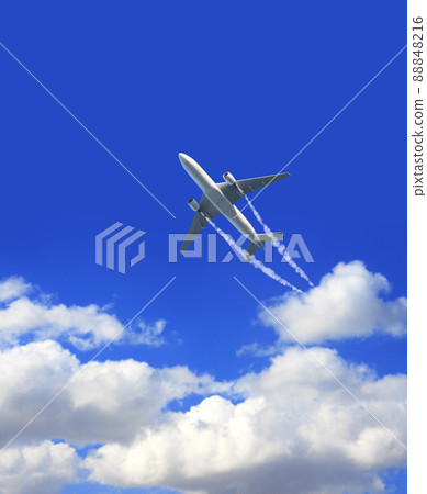 Vertical nature background with aircraft and Jet trailing smoke in the sky. Airplane and condensation trail 88848216