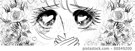 70 年代少女漫畫 Do-up 插圖一個女孩盯著閃閃發光的心的眼睛和玫瑰的背景 88849200