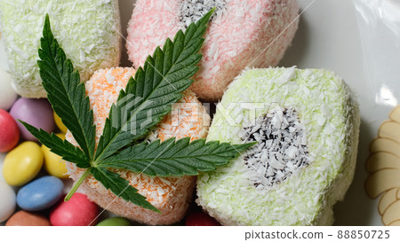 Marijuana sweets with CBD oil on white background. Top view, flat lay. Marijuana sweets with CBD oil on white background. Top view, flat lay. 88850725