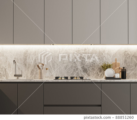kitchen cabinets in gray color, modern kitchen interior, 3d render kitchen cabinets in gray color, modern kitchen interior, 3d render 88851260