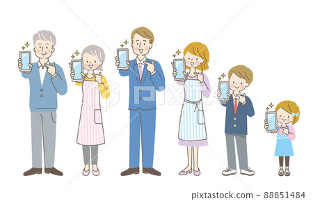 A smiling three-generation family showing a smartphone screen 88851484