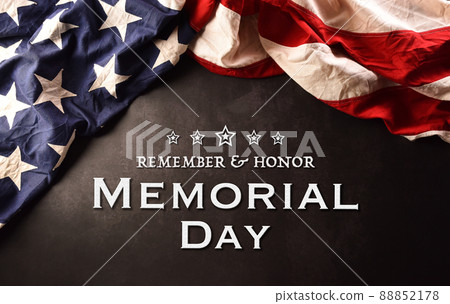 Happy memorial day concept made from American flag with the text on dark stone background. Happy memorial day concept made from American flag with the text on dark stone background. 88852178