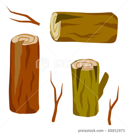 Various wood logs and trunk. Wooden stump and forest branch. Flat cartoon isolated on white Various wood logs and trunk. Wooden stump and forest branch. Flat cartoon isolated on white 88852973