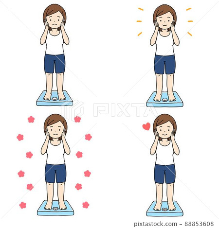 A set of a normal-sized woman in sportswear riding on a scale and smiling 88853608