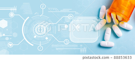 White pills on blue background 88853633