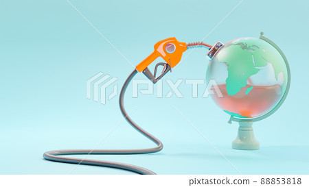 Orange fuel nozzle is refueling the simulated green globe. Energy and Technology concept. 88853818