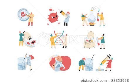 Antivirus vaccine. Scientists conducting scientific researches team of laboratory assistants with test tubes scenes set Antivirus vaccine. Scientists conducting scientific researches team of laboratory assistants with test tubes scenes set 88853958