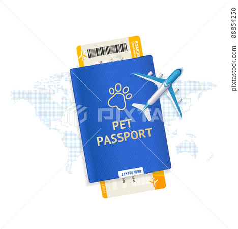 Pet Travel Concept with Realistic Detailed 3d Passports and Tickets Set. Vector Pet Travel Concept with Realistic Detailed 3d Passports and Tickets Set. Vector 88854250