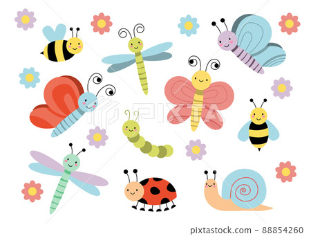 Cute cartoon insects. Funny caterpillar and butterfly, ladybug. Bug insect colorful isolated vector illustration icons set EPS 88854260