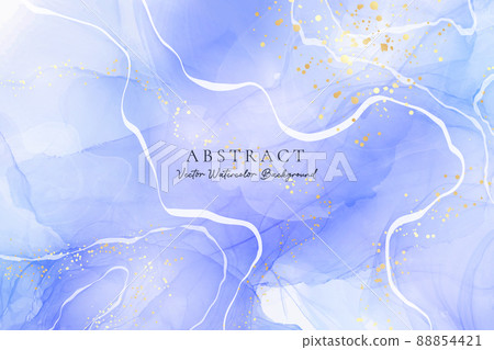 Cyan navy liquid marble watercolor background with gold lines and brush stains. Teal turquoise marbled alcohol ink drawing effect. Vector illustration backdrop, watercolour wedding invitation 88854421