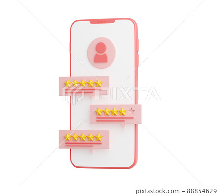 Customer review 3d render illustration - pink mobile phone with rating and comment on speech bubble. Customer review 3d render illustration - pink mobile phone with rating and comment on speech bubble. 88854629