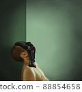 Drawing of a young man whose face is covered with a black substance. 88854658
