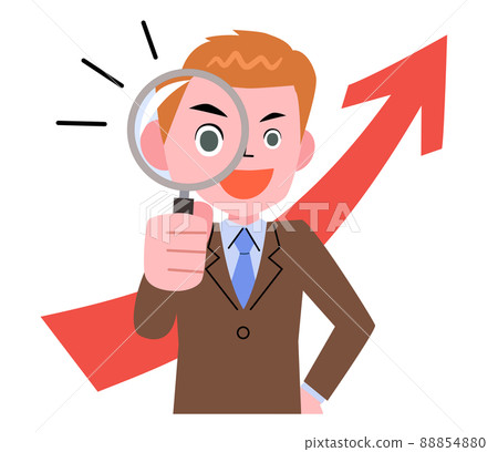 Businessman looking through a magnifying glass and an upward arrow Businessman looking through a magnifying glass and an upward arrow 88854880