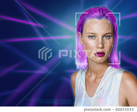 Portrait of a beautiful young woman in futuristic style against the background of ultraviolet lines. 88855033