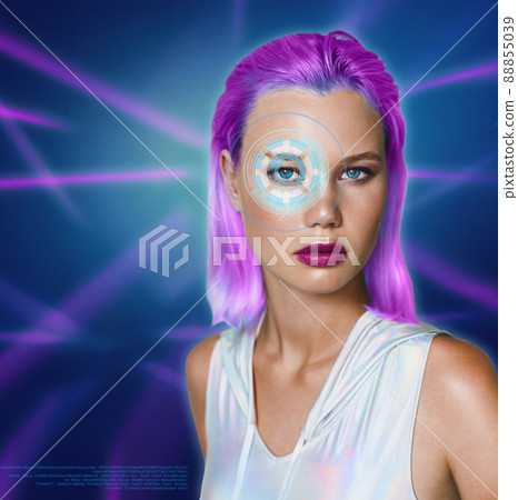 Portrait of a beautiful young woman in futuristic style against the background of ultraviolet lines. Portrait of a beautiful young woman in futuristic style against the background of ultraviolet lines. 88855039