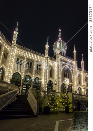 Illuminated mosque-like building in Tivoli Park, Copenhagen Illuminated mosque-like building in Tivoli Park, Copenhagen 88855174