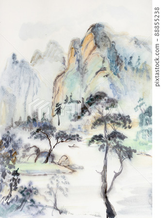 Mountain landscape with river and tall pines 88855238