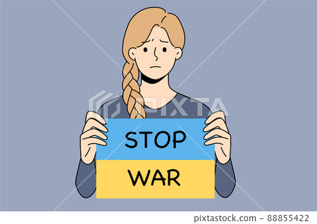 Sad girl hold banner with Stop war text 88855422