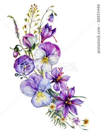 Hand Drawn Watercolor Floral Decoration Isolated on White. 88855499