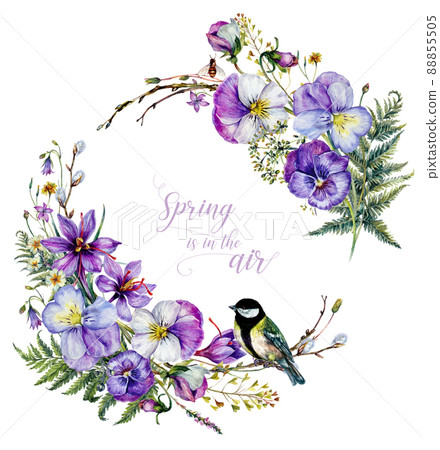 Hand Drawn Watercolor Floral Decoration Isolated on White. Spring Flowers Arrangement in Vintage Style. 88855505