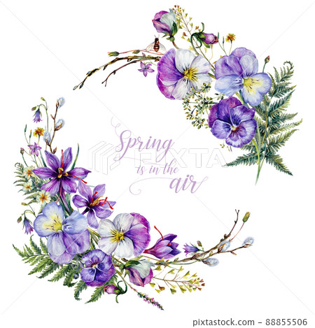 Hand Drawn Watercolor Floral Decoration Isolated on White. Spring Flowers Arrangement in Vintage Style. 88855506