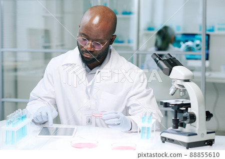 African American scientist scrolling in tablet while searching for online data African American scientist scrolling in tablet while searching for online data 88855610