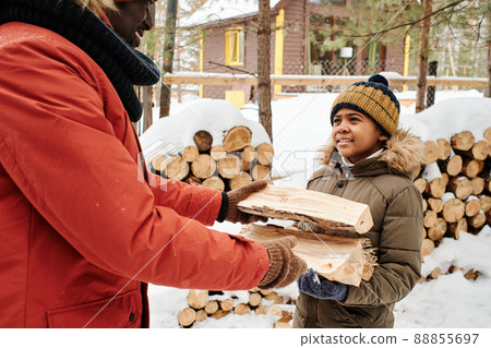 Smiling cute boy with small wooden logs looking at his father while helping him Smiling cute boy with small wooden logs looking at his father while helping him 88855697