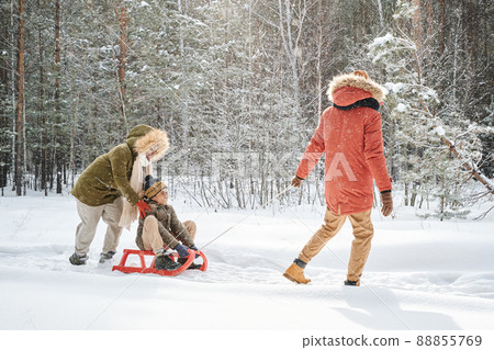 Young black woman pushing sledge with her son while man in winterwear pulling it 88855769