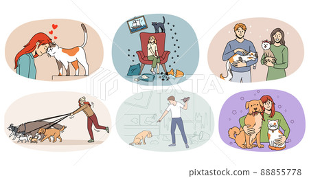 Set of diverse people play with pets  88855778