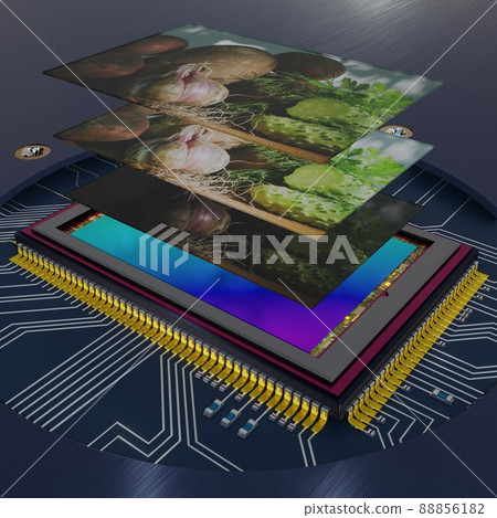 HDR photography principle explanation - normal, overexposed and underexposed image layers and digital camera sensor on printed circuit board with close-up, 3D rendering HDR photography principle explanation - normal, overexposed and underexposed image layers and digital camera sensor on printed circuit board with close-up, 3D rendering 88856182