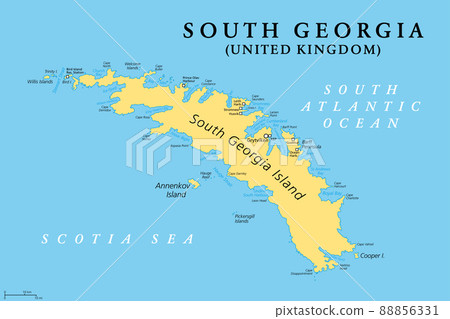 South Georgia, political map. Part of the British Overseas Territory of South Georgia and the South Sandwich Islands. Group of islands in the South Atlantic Ocean and Scotia Sea. Illustration. Vector. South Georgia, political map. Part of the British Overseas Territory of South Georgia and the South Sandwich Islands. Group of islands in the South Atlantic Ocean and Scotia Sea. Illustration. Vector. 88856331