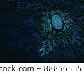 Illustration of a fingerprint surrounded by a microchip pattern. 88856535